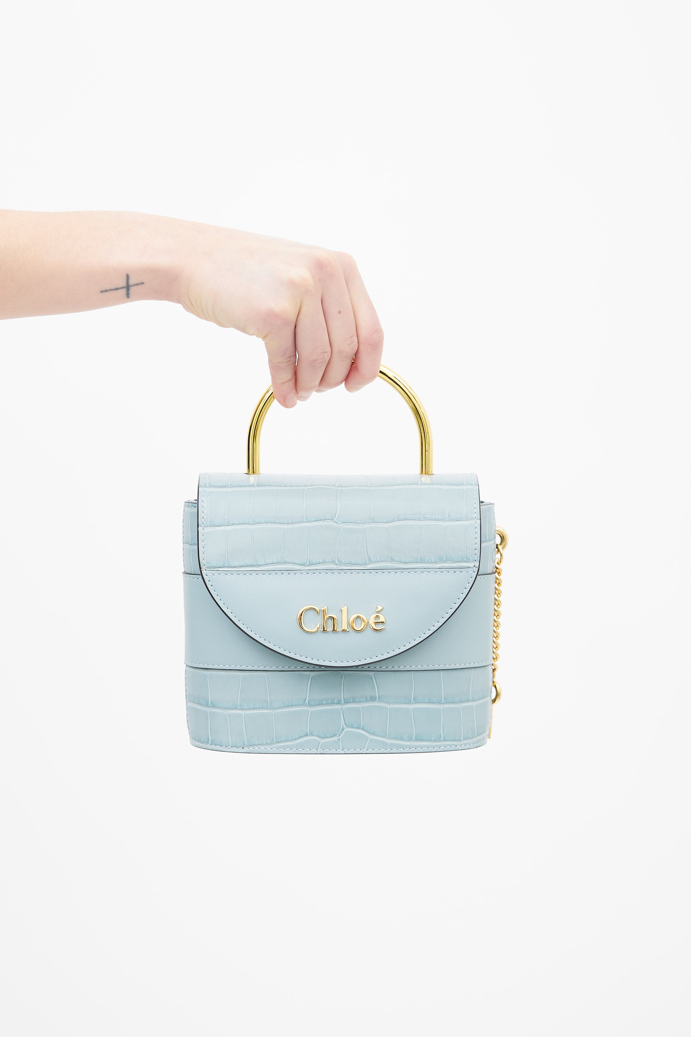 Chloe Aby Lock Bag Crocodile Embossed Leather Small Blue