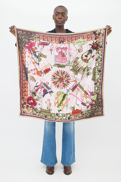 Christian Lacroix Pink & Multicolor Silk Twill Fashion World Map Scarf