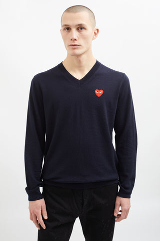 Comme des Garçons Navy Wool Red Heart Sweater