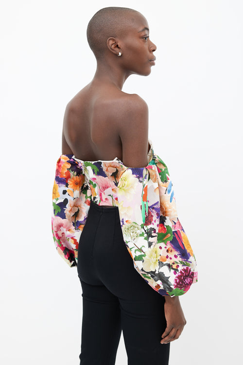 Cushnie et Ochs Cream & Multicolor Printed Floral Off Shoulder Crop Top