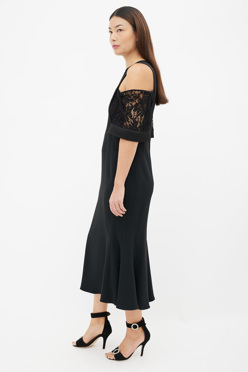 David Koma Black Lace Panel Off-Shoulder Dress