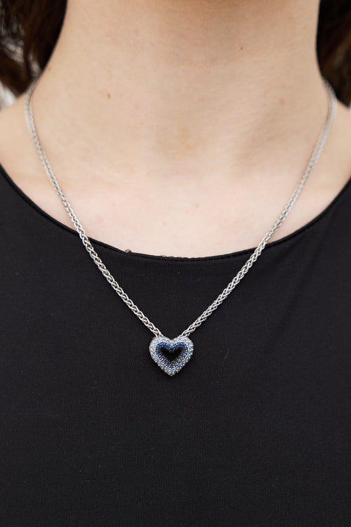 Sterling Silver & Blue Rhinestone Heart Charm Chain Link  Necklace