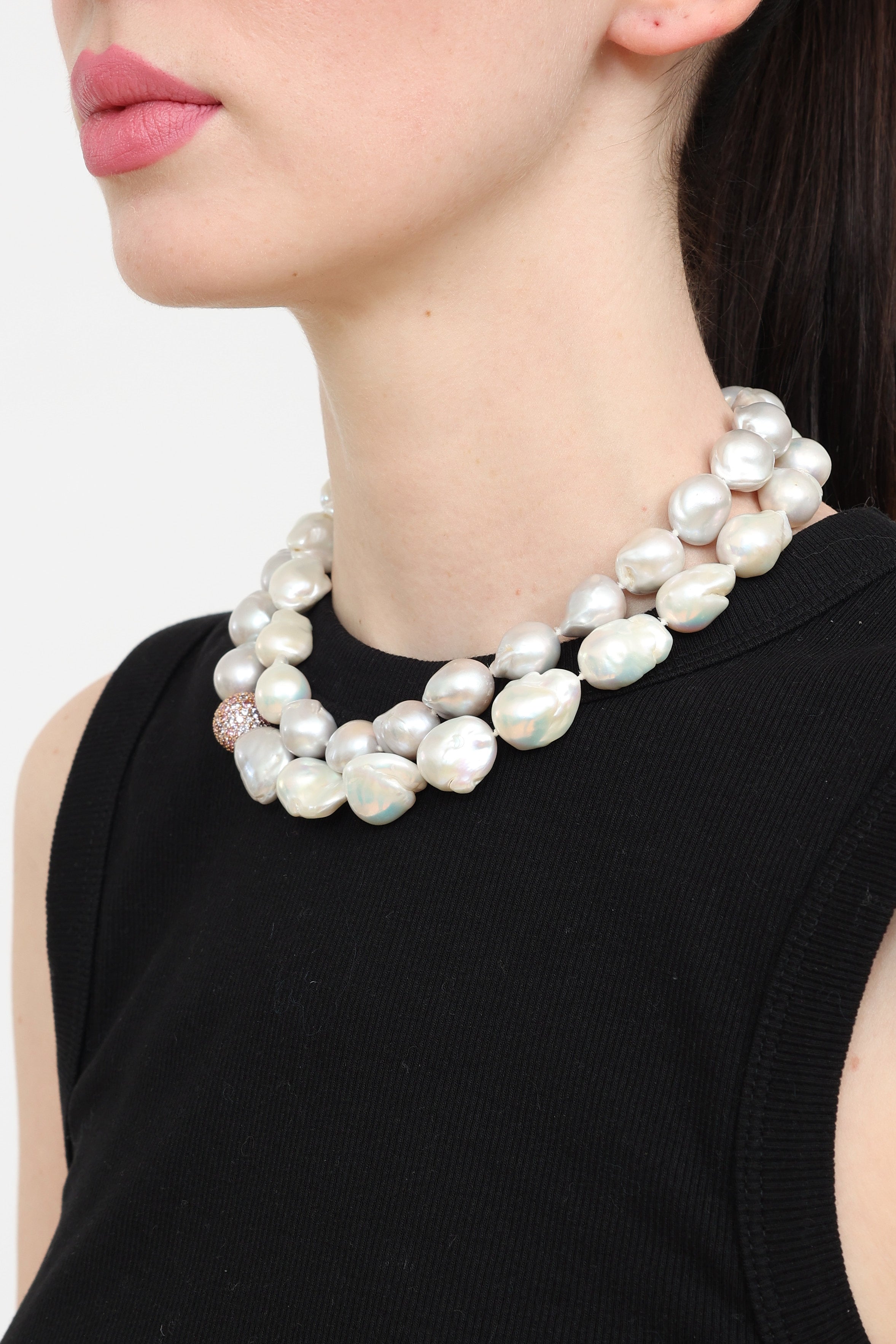 NPY036 CR 3 Layer Large Pearl Strands Extra Chunky Necklace And Earrings Set