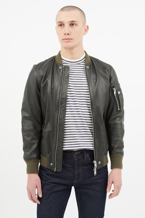 Diesel Green Leather Padded Bomber Jacket