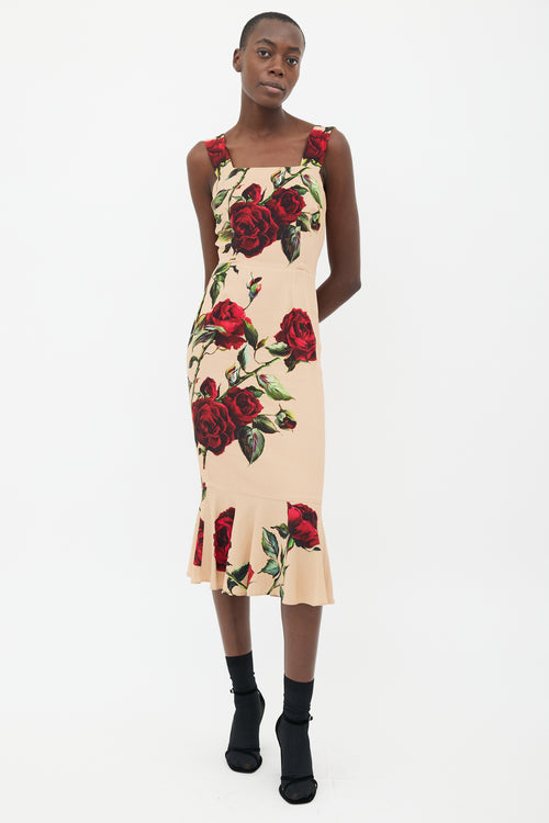 Dolce & Gabbana Beige & Red Rose Print Strap Dress