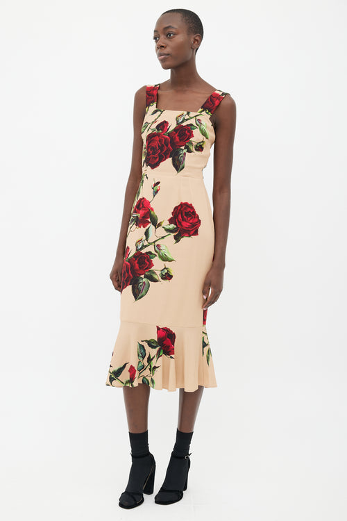 Dolce & Gabbana Beige & Red Rose Print Strap Dress