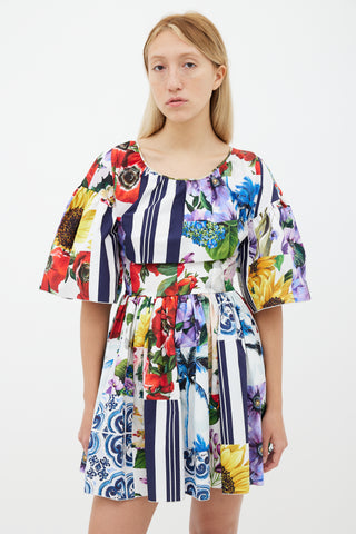 Dolce & Gabbana White & Multicolor Floral Printed Mini Dress