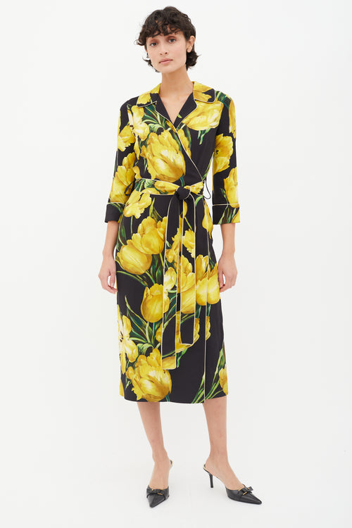 Dolce & Gabbana Black & Yellow Floral Print Wrap Dress