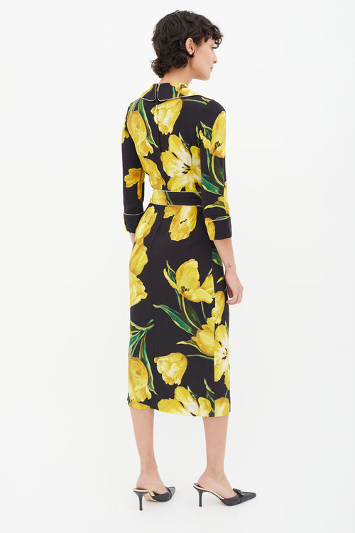 Dolce & Gabbana Black & Yellow Floral Print Wrap Dress