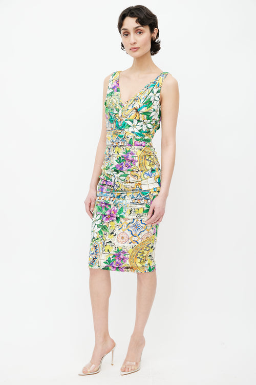 Dolce & Gabbana Multicolour Floral Ruched V-Neck Dress