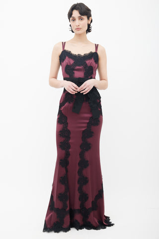 Dolce & Gabbana Burgundy & Black Lace Sleeveless Maxi Dress