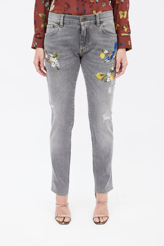 Dolce & Gabbana Washed Grey Embroidered Distressed Jeans