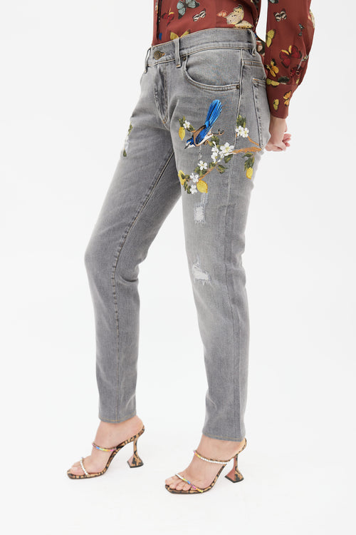 Dolce & Gabbana Washed Grey Embroidered Distressed Jeans