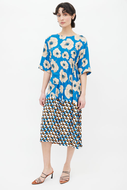 Dries Van Noten Blue, Beige & Orange Printed Floral Geometric Pattern Midi Dress