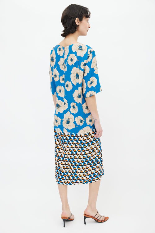 Dries Van Noten Blue, Beige & Orange Printed Floral Geometric Pattern Midi Dress