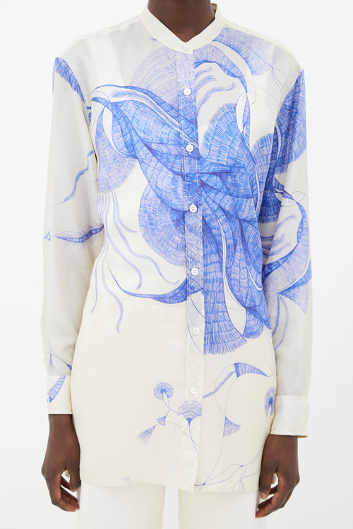 Dries Van Noten Blue & White Silk Printed Shirt