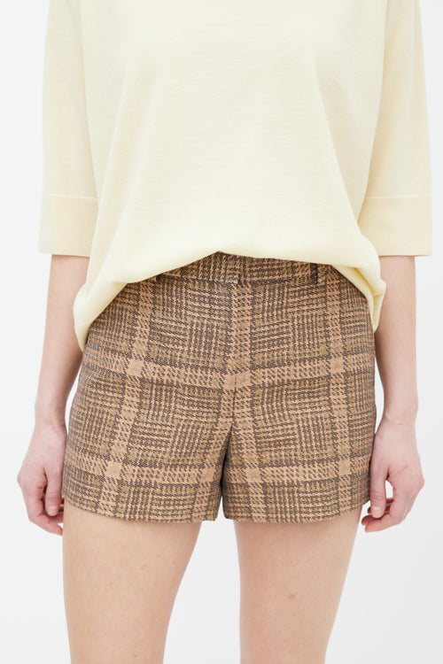 Dries Van Noten Brown Cotton & Linen Plaid Pattern Mini Short