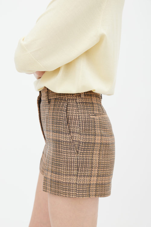 Dries Van Noten Brown Cotton & Linen Plaid Pattern Mini Short