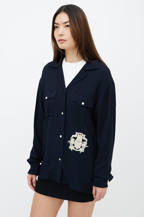 Dries Van Noten Navy & Cream Embroidered Two Pocket Shirt