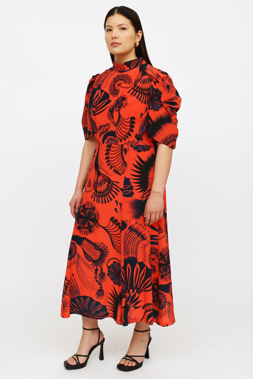 Dries Van Noten Red & Navy Floral Print Dress