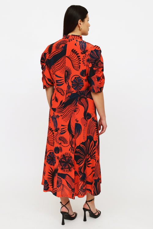 Dries Van Noten Red & Navy Floral Print Dress