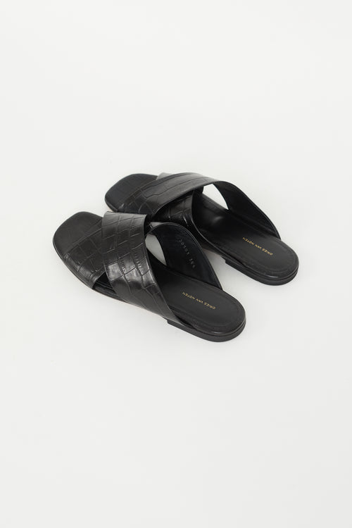 Dries Van Noten Black Embossed Leather Flat Sandal