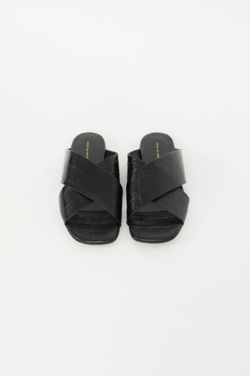 Dries Van Noten Black Embossed Leather Flat Sandal