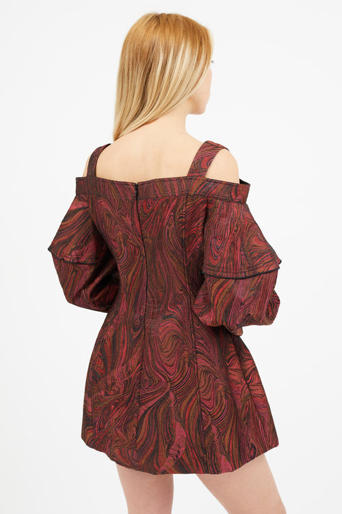 Ellery Brown & Burgundy Print Off Shoulder Dress