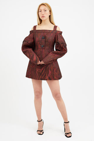 Ellery Brown & Burgundy Print Off Shoulder Dress