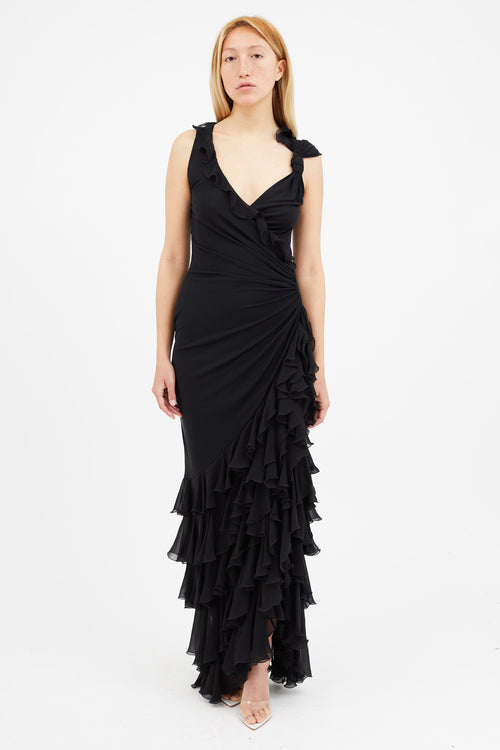 Emanuel Ungaro Black Ruffle Maxi Dress