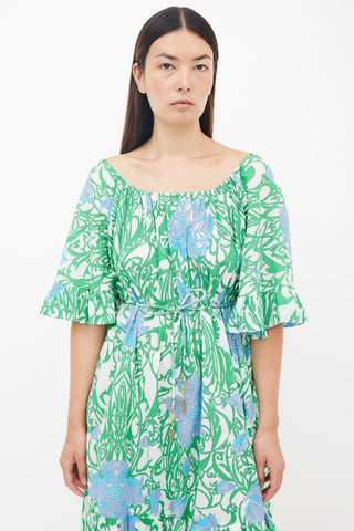 Emilio Pucci Green & Blue Floral Print Belted Midi Dress