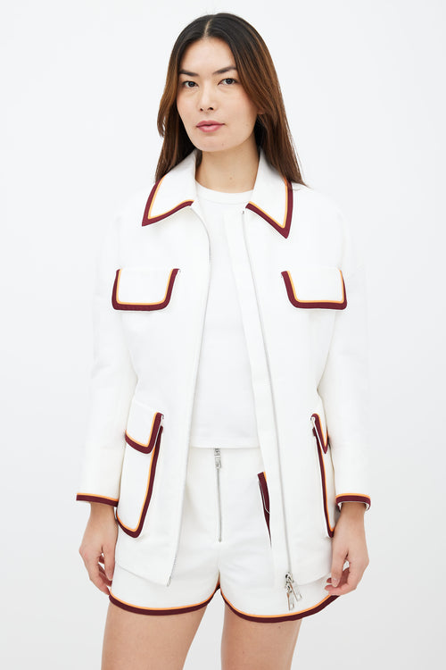 Emilio Pucci White Cotton Two-Piece Burgundy Orange Silk Trim Jacket & Short  Co-Ord Sets