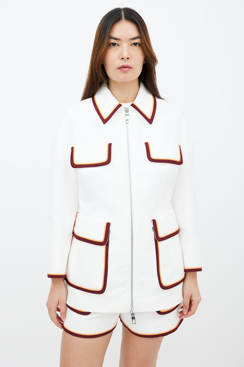 Emilio Pucci White Cotton Two-Piece Burgundy Orange Silk Trim Jacket & Short  Co-Ord Sets