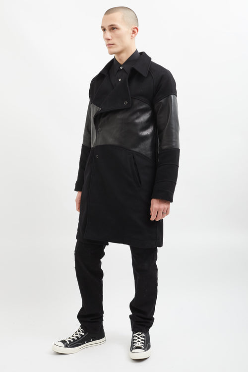 En Noir Black Cotton & Leather Panel Coat