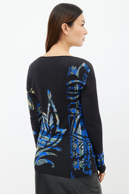 Etro Black & Multi Print Crew Neck Sweater