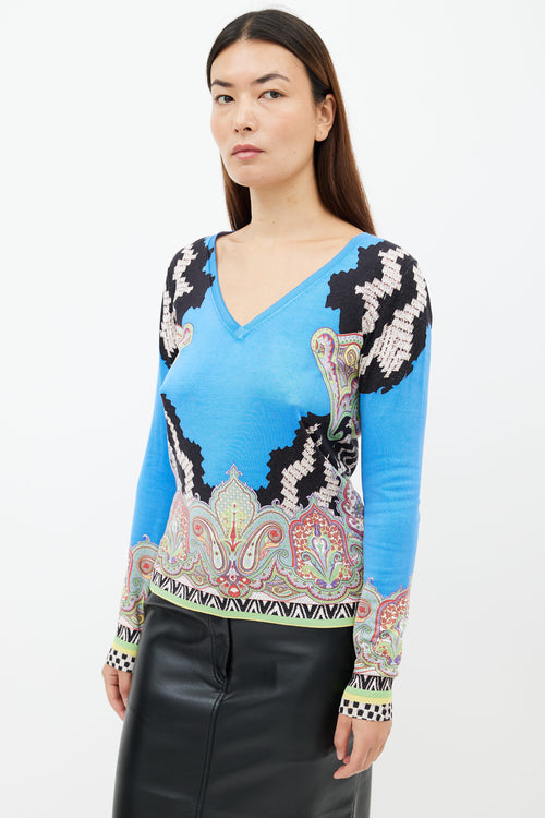 Etro Blue & Multi Print V-Neck Sweater