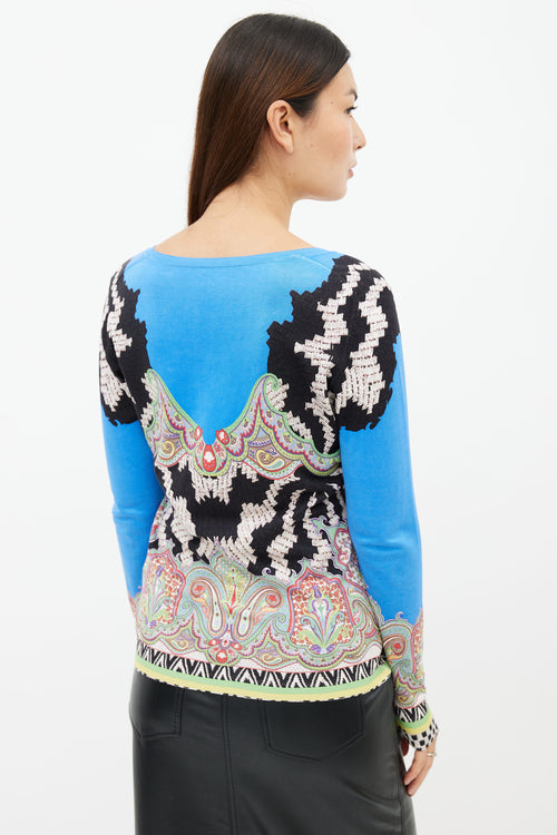 Etro Blue & Multi Print V-Neck Sweater