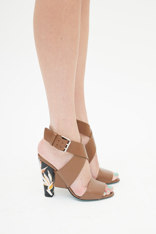 Fendi Brown Leather Paradise Flower Strappy Heel