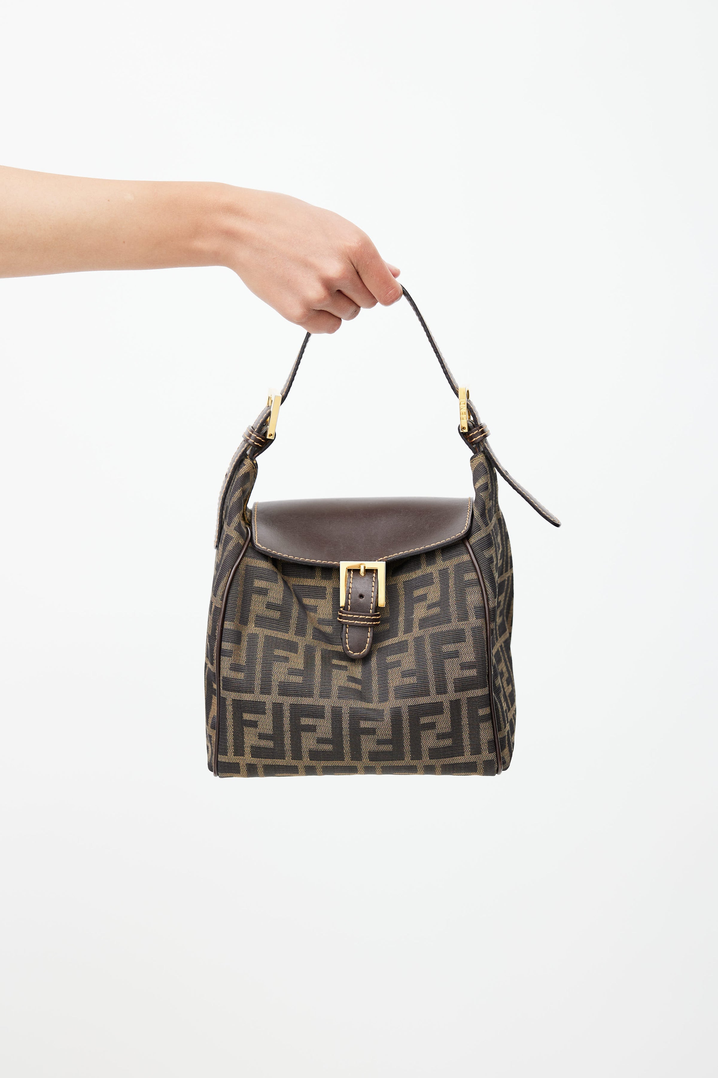 FENDI Brown Zucca Canvas and Calfskin Leather Vintage Top Handle