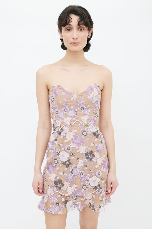 For Love & Lemons Beige, Purple & Pink Floral Lace Strapless Dress