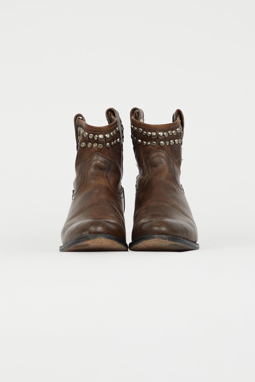 Frye Brown Leather Diana Cut Stud Short Boot