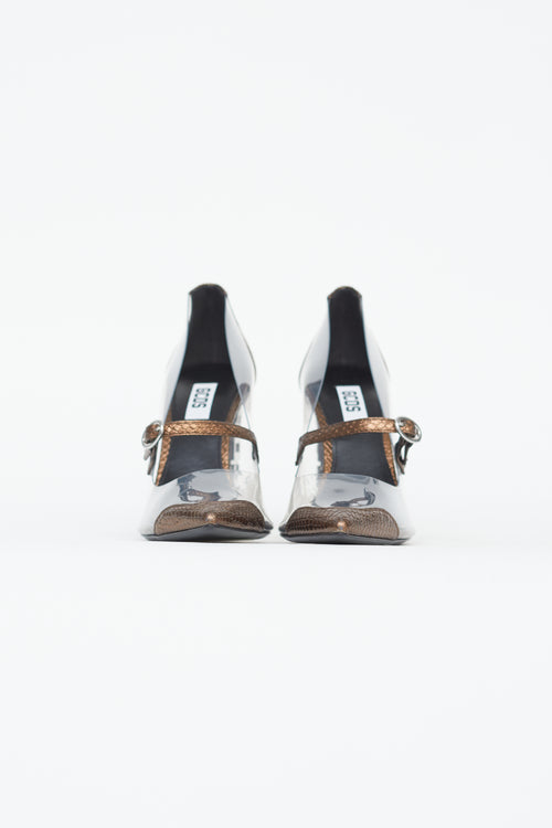 GCDS Brown Leather & Clear PVC Block Heel Heel