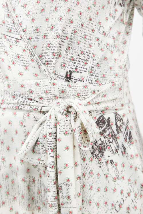 Galliano White Floral & Newspaper Print Belted Dress