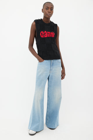 Ganni Black Check & Red Logo Sweater Vest
