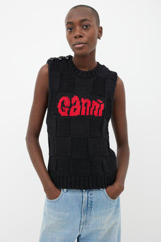 Ganni Black Check & Red Logo Sweater Vest