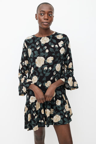 Ganni Black, Beige & Green Floral Print Mini Dress