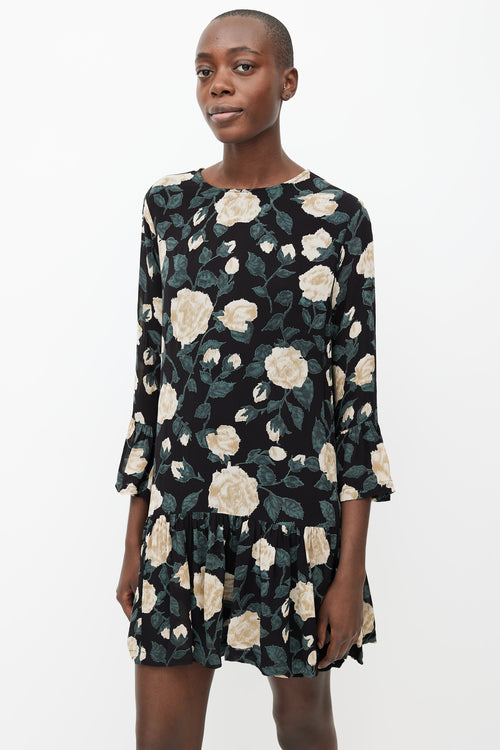 Ganni Black, Beige & Green Floral Print Mini Dress