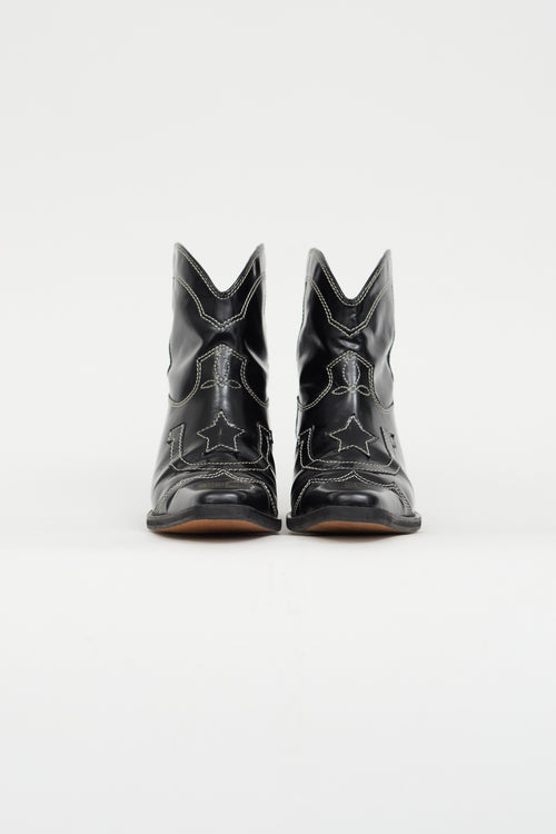 Ganni Black Leather Embroidered Western Boot