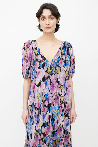 Ganni Black & Multi Floral Print Pleated Dress