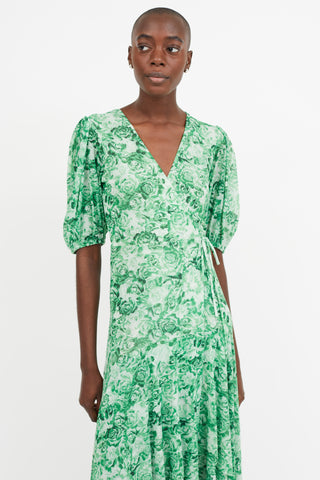 Ganni Green Floral Wrap  Dress